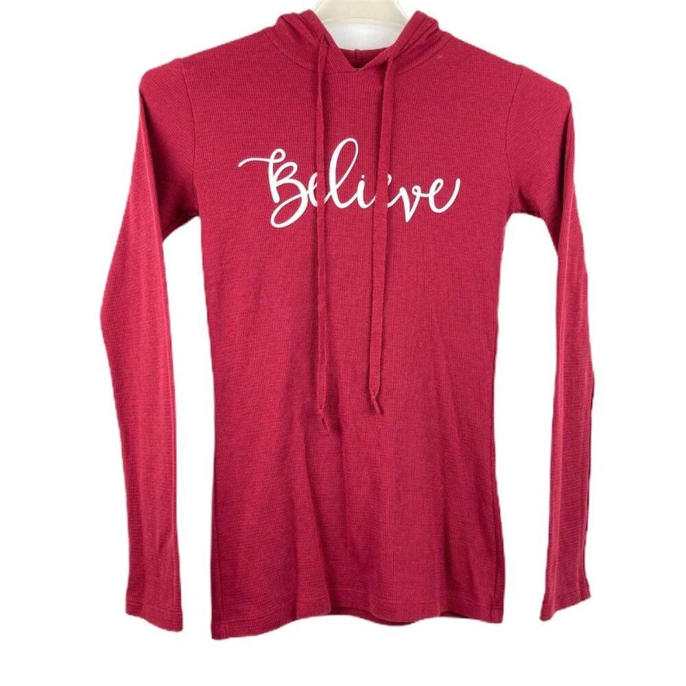 Xmas Believe Hoodie Pullover Top M Red Cute Holiday Novelty Comfy Cozy Casual